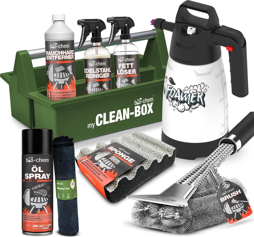 bio-chem Grill Reinigungsset und Pflege professionell Box 9-teilig: Rauchharzentferner 1L + Fettlöser 750ml + Edelstahlreiniger 750 ml + Öl-Spray...