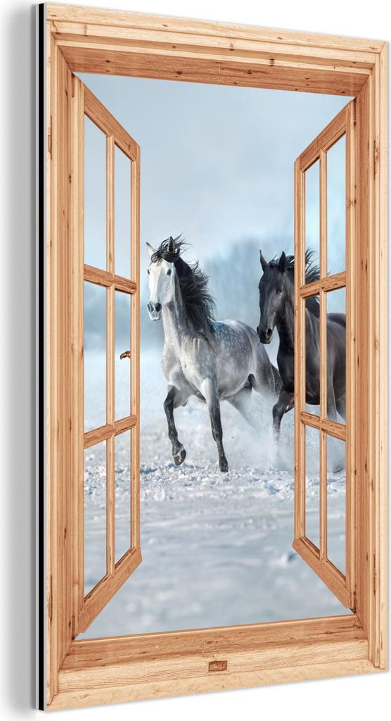 MuchoWow Wanddekoration Metall Metallbild Wandkunst 80x120 cm Durchsichtig - Pferde - Winter - Tiere - Natur - Holz MuchoWow Aluminium Gemälde - B...