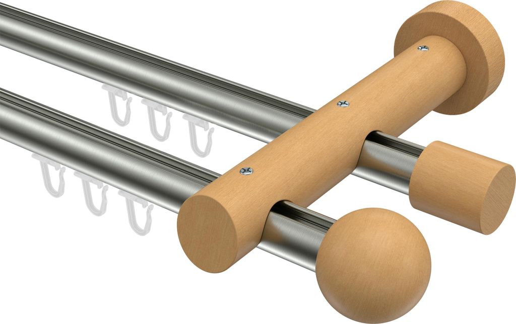 Interdeco Innenlaufstange / Gardinenstange mit Innenlauf Edelstahl-Optik / Buche lackiert, Typ Talent Luina (Kugel), 20 mm Ø 2-läufig, 540 cm
