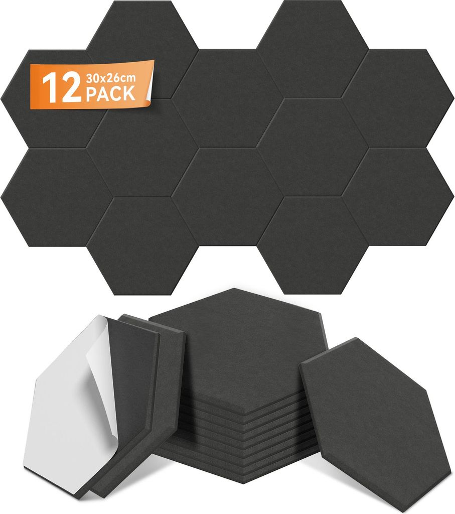 LARS360 Schwarz Akustikpaneele 12er Set 30x26cm Hexagon, Schallschutz Wandpaneele, Schalldämmung, Schallabsorber für Studio Home Gaming