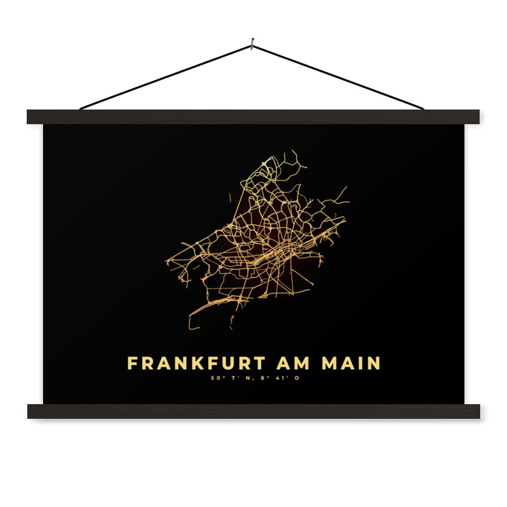 MuchoWow Textilposter Karte - Gold - Frankfurt - Stadtplan - Karte 60x40 cm mit schwarzem Rahmen - Hölzernes