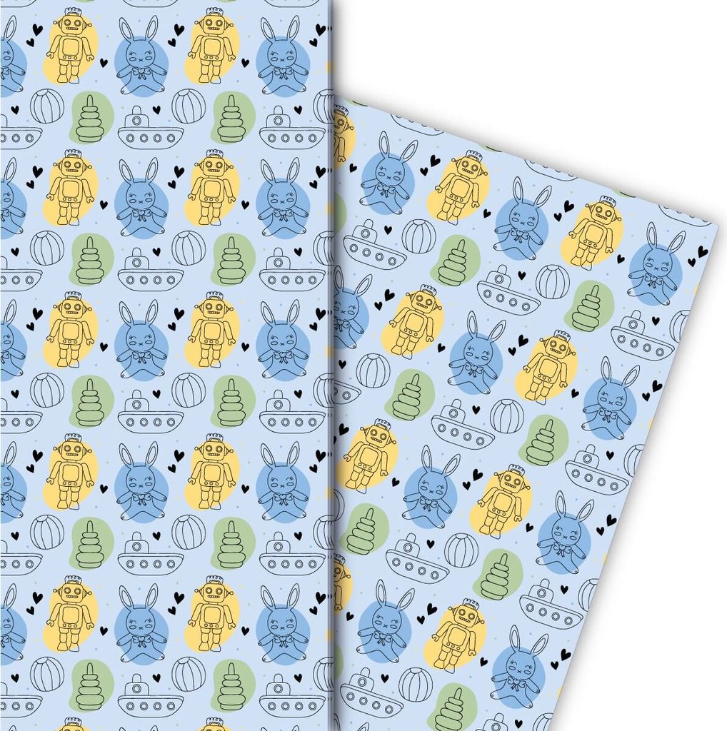 Niedliches Spielzeug Geschenkpapier für Kinder, Babys, hellblau - G8205, 32 x 48cm