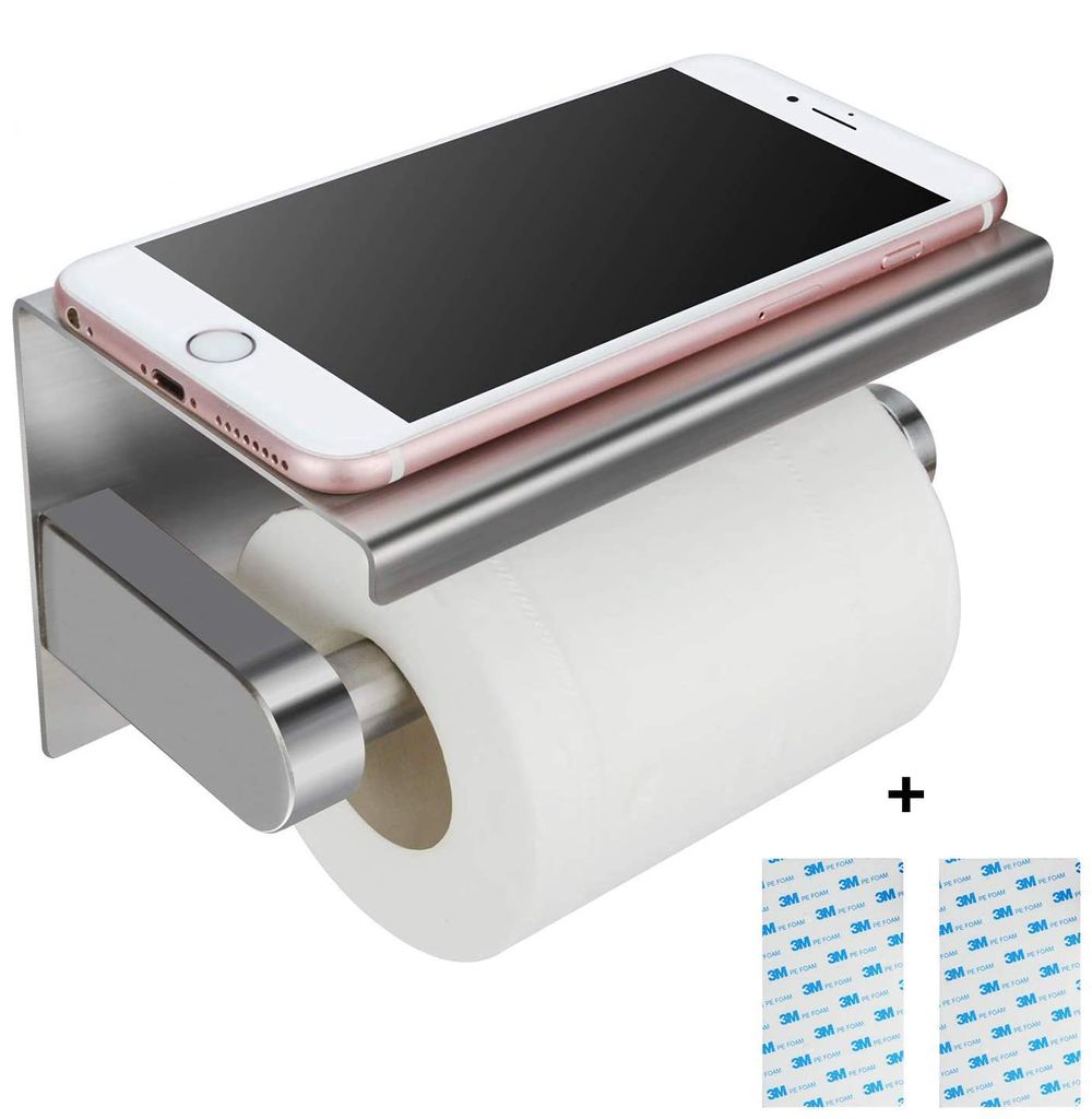 3M Self-Adhesive Toilet Roll Holder No Drilling with Shelf Stainless Steel Toilet Paper Holder Wall Mounting for Kitchen and Bathroom
