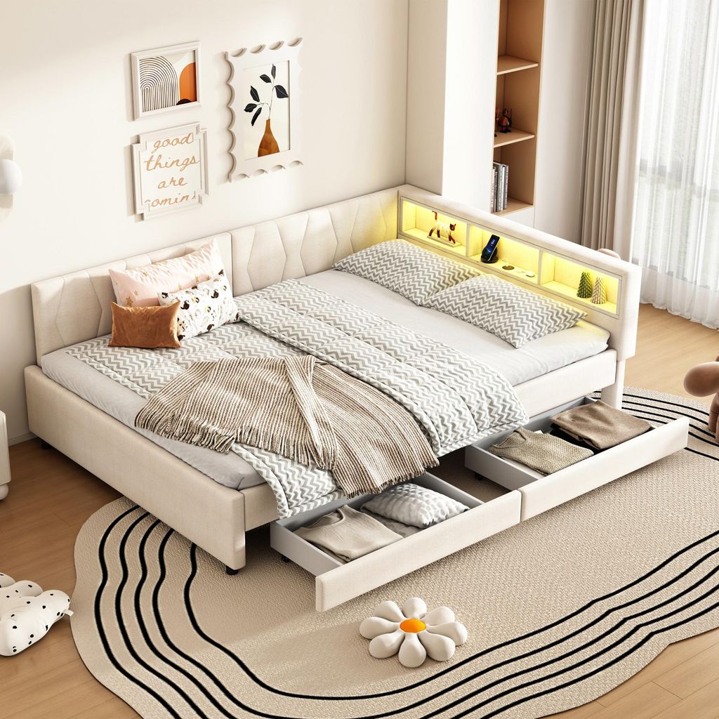 MODFU Schlafsofas 140×200 Polsterbett mit Lattenrost und Ablagefach,Tagesbett mit zwei Schubladen,USB+Typ C,LED-Umgebungslicht,ohne Matratze ,Beige