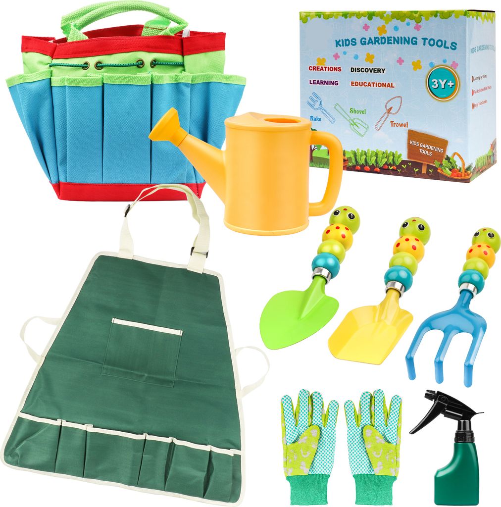 9 Stück/Set Kinder Gartenarbeit Gartengeräte Handschuhe Tasche Gießkanne Sprühflasche Schürze Gartenarbeit Werkzeuge Schaufel Spaten Rechen Ga...