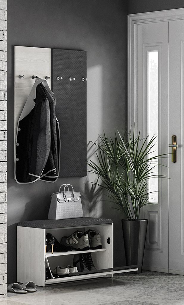 Garderobe Bank mit Garderobenpaneel in Schneekiefer Nb. mit anthrazit HORSENS-131, B/H/T ca. 70/200/34 cm