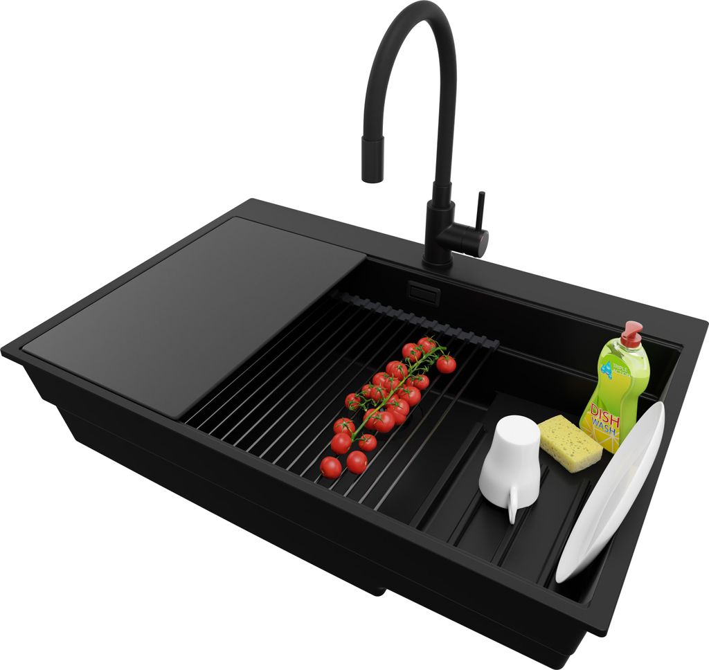 PRIMAGRAN Granitspüle Alles Schwarz 78x53cm, Spülbecken 1 Becken + Ablauf-Set + Küchenzubehörset, Küchenspüle ab 80er Unterschrank - Oslo Max