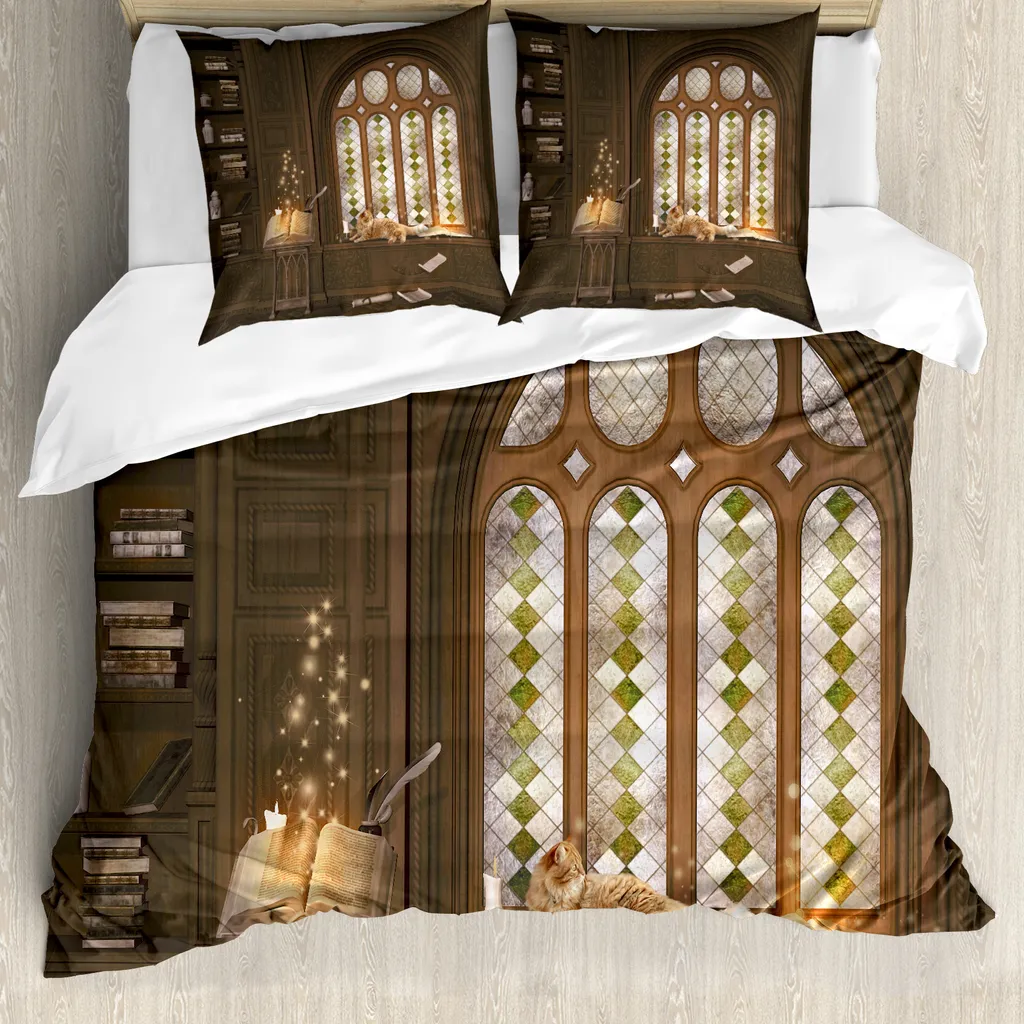 ABAKUHAUS Set copripiumino per letto matrimoniale, finestra colorata con gatto, antiacaro, adatto a chi soffre di allergie, con federe, multicolore