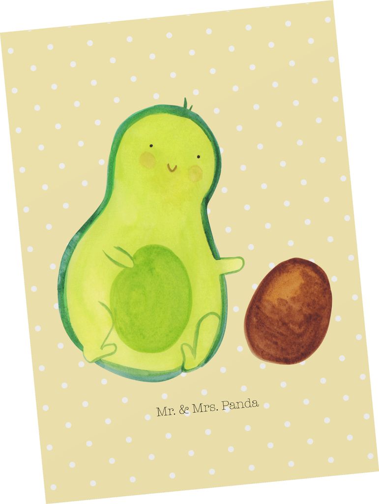 Mr. & Mrs. Panda Ansichtskarte Avocado Kern rollt - Gelb Pastell - Geschenk, Fotokarte, Postkarten, Liebe, Avocados, Kunstkarten, Grußkarte, Gebur...