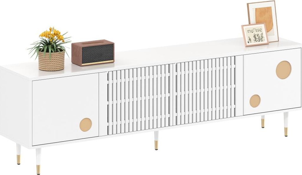 AIORBER TV-Schrank mit Gitterstruktur, Goldakzenten, 4 Türen, Massivholz, versteckte Griffe, Kippschutz, Weiß, 170x36x54 cm