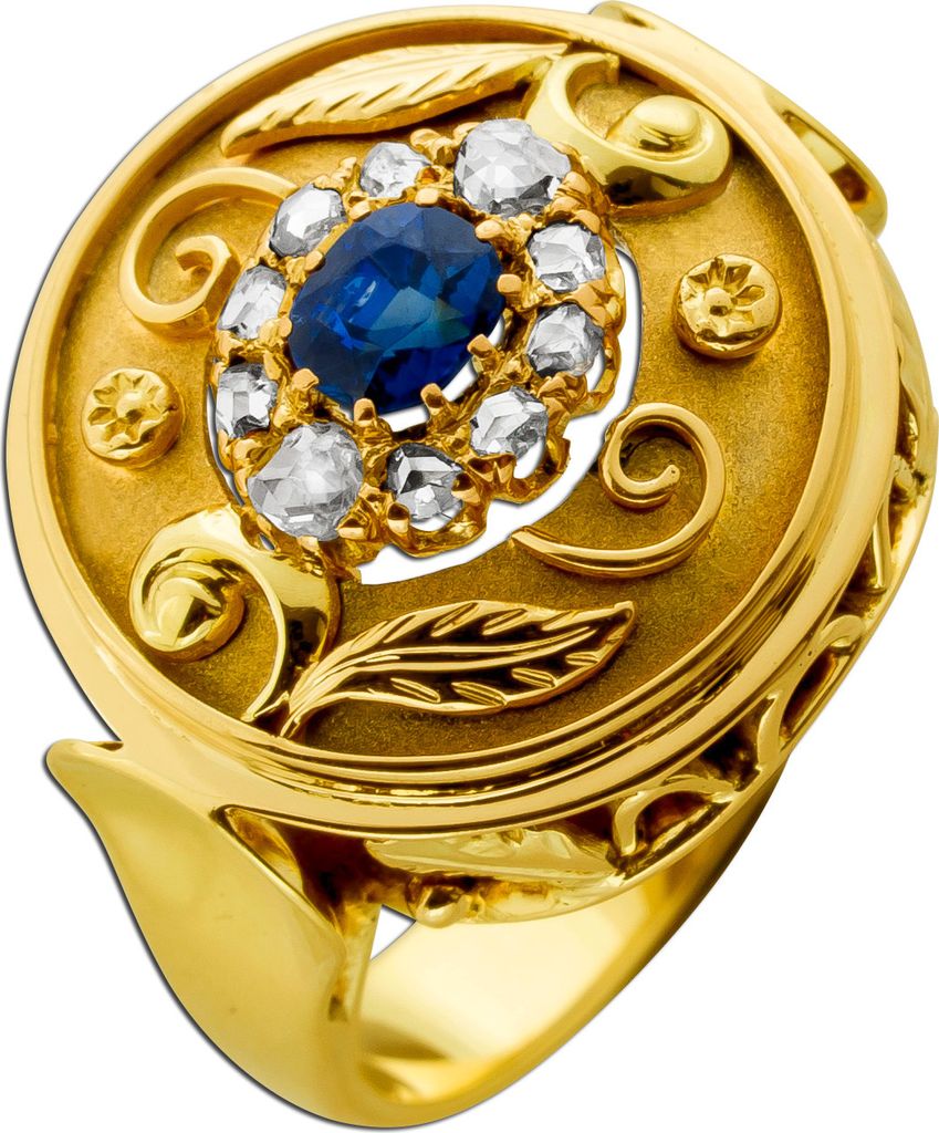 Saphir Ring Gold 585 14K Diamanten 0.50ct blauerSafir Etrusk Antikschmuck 20