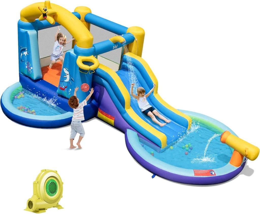 Aufblasbare Hüpfburg mit Gebläse, Wasserpark mit Rutsche & Sprungbereich & Wasserpistole & Ozeanbälle, 490 × 290 × 220 cm Wasserburg für Kind...