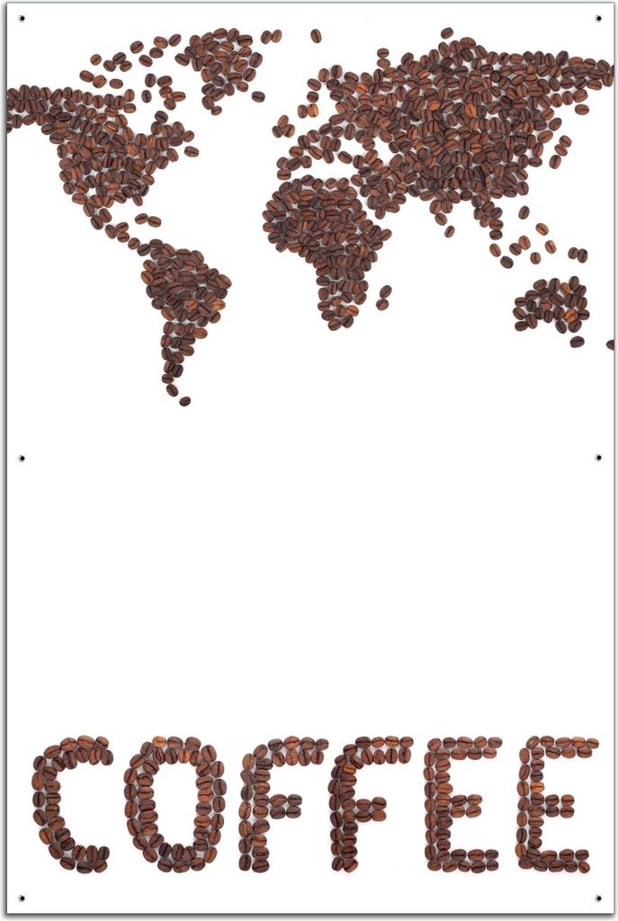 Wallario Outdoor-Poster für Garten oder Balkon, Motiv Weltkarte mit Schriftzug aus Kaffeebohnen, in ca. 61 x 91,50 cm