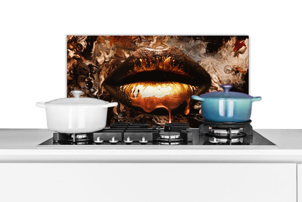 KitchenYeah Spritzschutz Küche - Küchenrückwand - Wandschutz für Herd und Spüle - Gold - Lippen - Kunst - Gold - Luxus - Abstrakt 60x30 - Al...