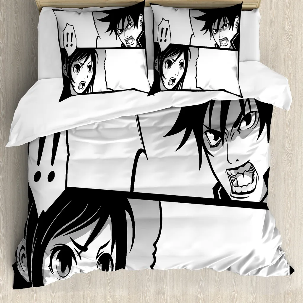 ABAKUHAUS Anime Federe Cuscini Stampata, Giapponese del Fumetto Comic, Decorativo e Dimensioni Standard, 90 cm x 50 cm, Nero Bianco Grigio