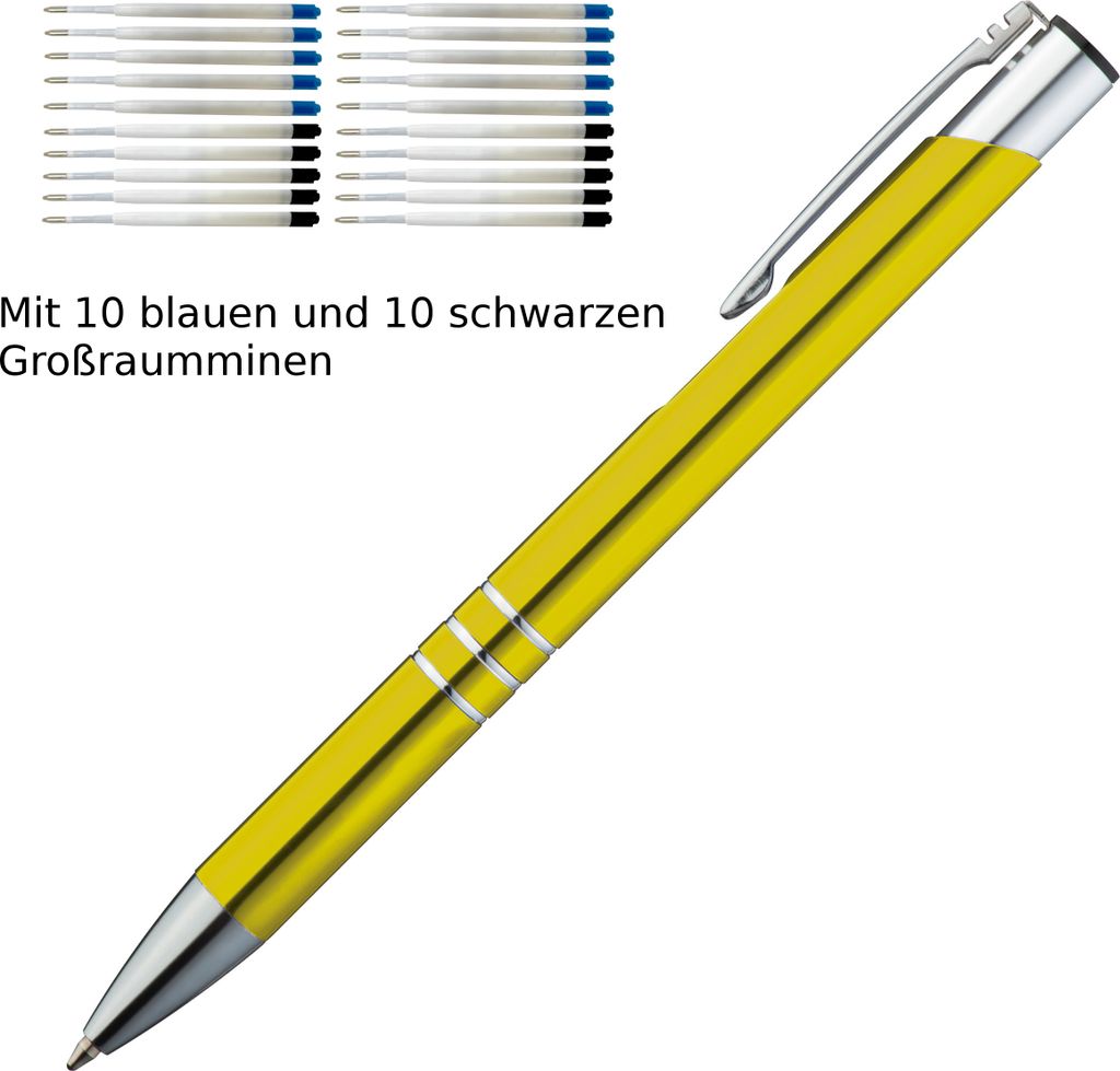 10 Kugelschreiber aus Metall / je 10 schwarze + blaue Minen / Farbe: gelb