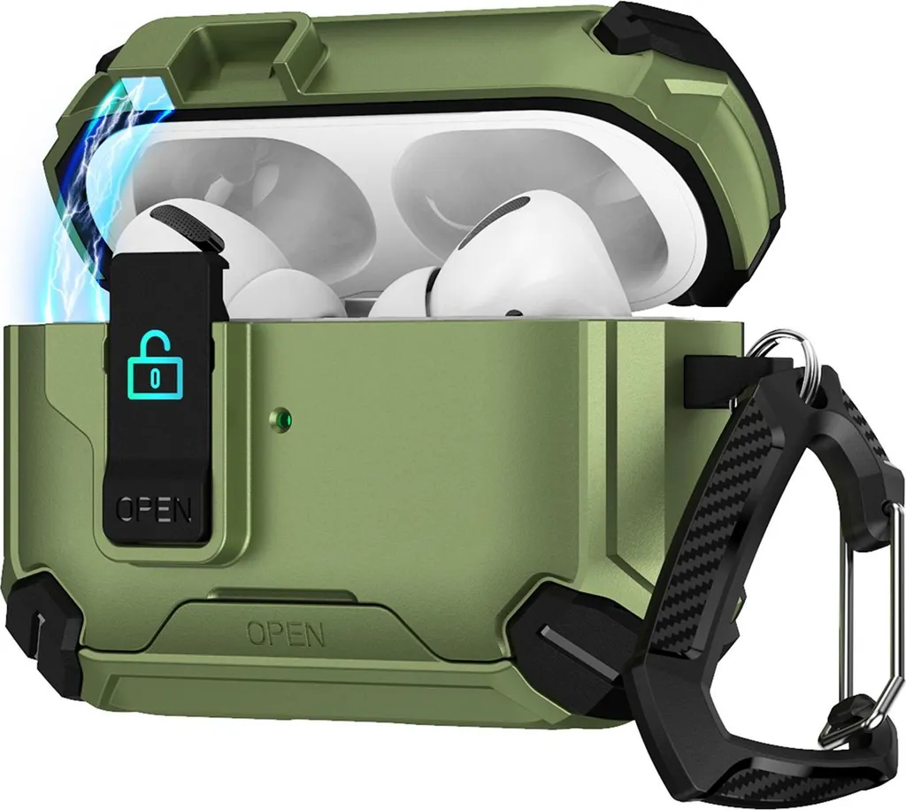 Custodia per Apple AirPods Pro 3 Defender Custodia protettiva con moschettone 360° Box protettivo Cuffie antiurto Full Body Cover Verde Esercito