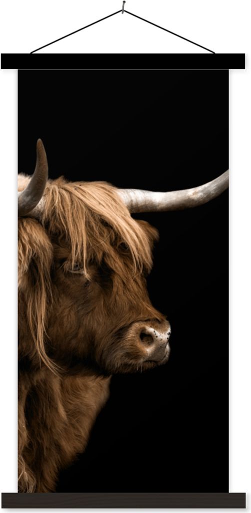 MuchoWow Textilposter Schottisches Hochlandrind - Kuh - Schwarz 60x120 cm mit schwarzem Rahmen - Magnete