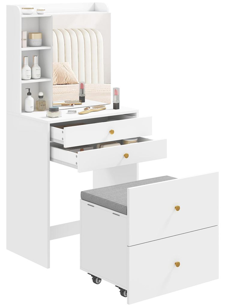 Tavolino da trucco HOMCOM, con specchio, sgabello, Immagine del prodotto 