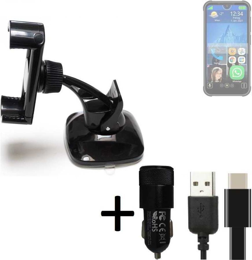 K-S-Trade Handy-Halterung kompatibel mit Bea-fon MX1 Windschutzscheibe / Armaturenbrett + LADEGERÄT mit Mico USB Kabel Autohalterung