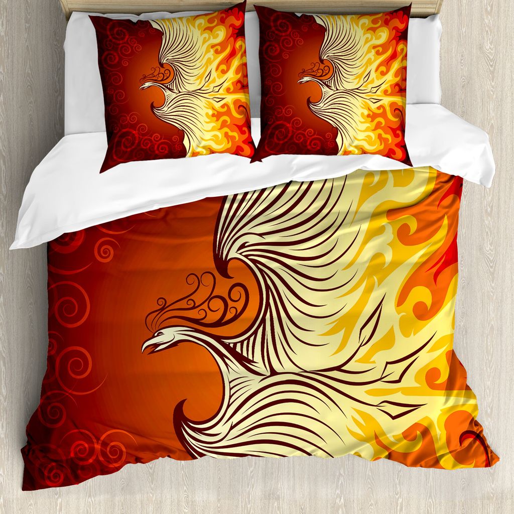 ABAKUHAUS Orange Bettbezug, Phoenix-Vogel in Flammen, Milbensicher Allergiker geeignet mit Kissenbezügen, 155 cm x 220 cm - 80 x 80 cm, Orange Gelb