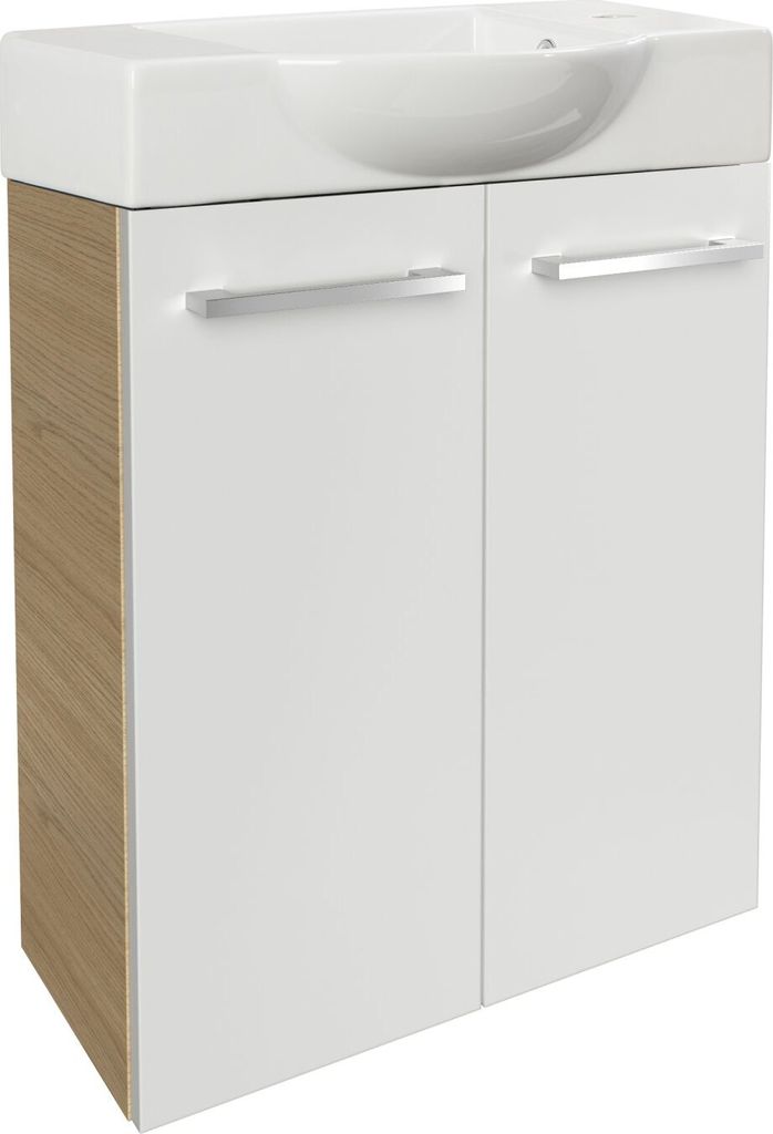 Fackelmann SBC B. STYLE Gäste WC Set 2-teilig 55 cm, Braun hell/Weiß, 2 Türen, Keramik Hahnloch rechts