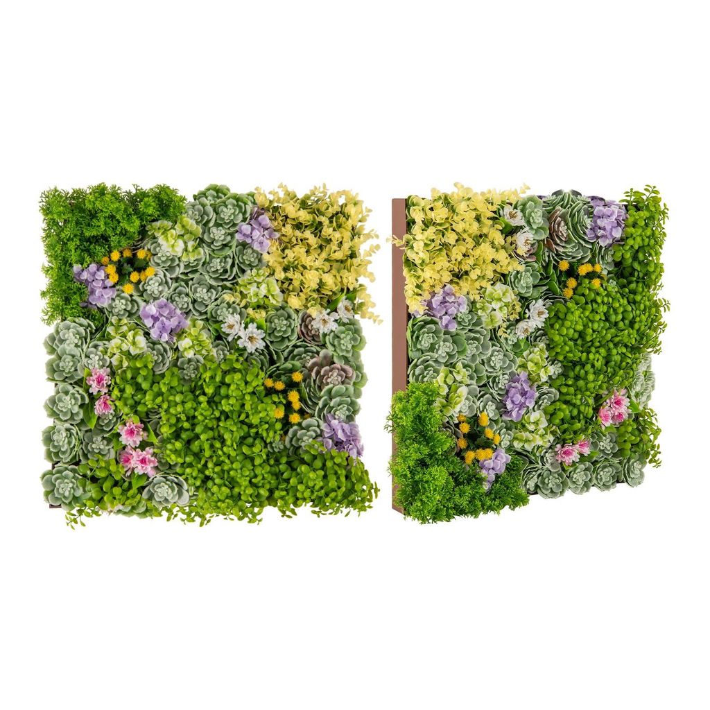 GOPLUS 2 Stück Künstliche Pflanzenwand 50x50 cm, Kunstpflanzen-Wand mit verschiedenen Kunstpflanzen, UV Geschützt, (mit Blättern & Blumen)