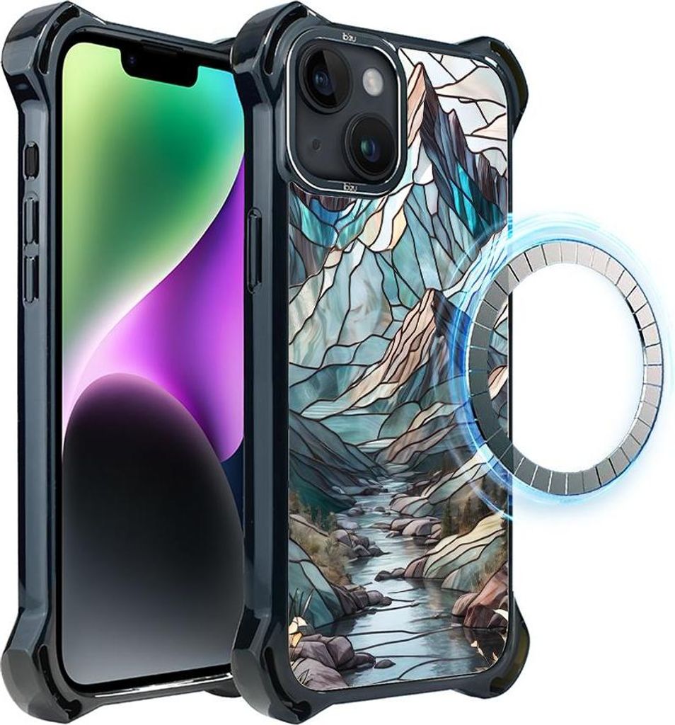 Schutzhülle für das iPhone 14 Plus, MagSafe-kompatibel, verstärkte Ecken, schwarz, Glasmalerei, Berglandschaft