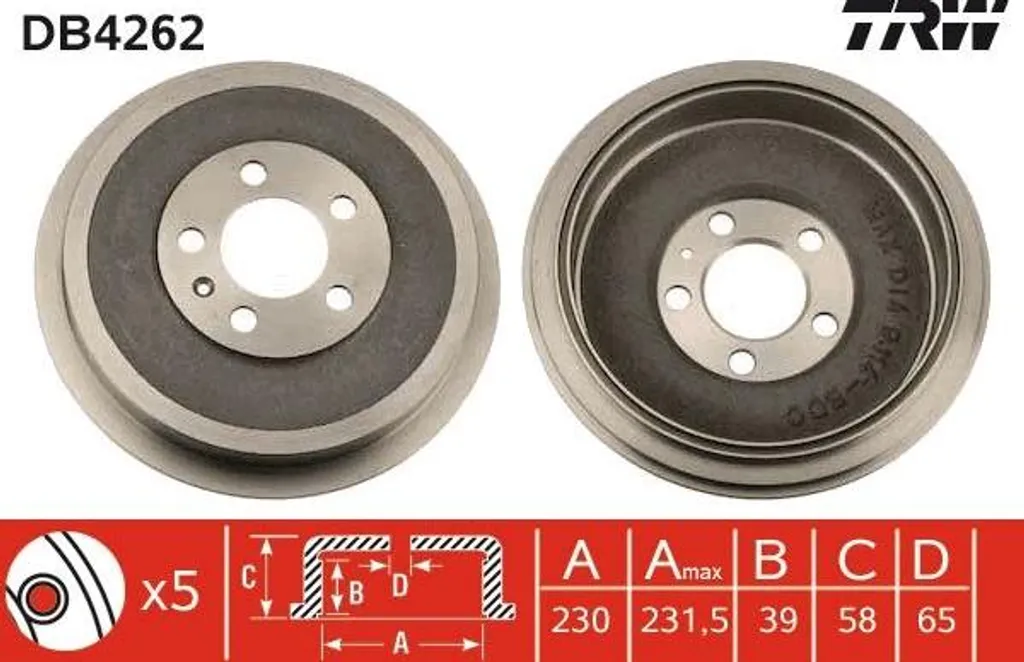 Tambour de frein arrière TRW DB4262 compatible Roomster et Polo 6R