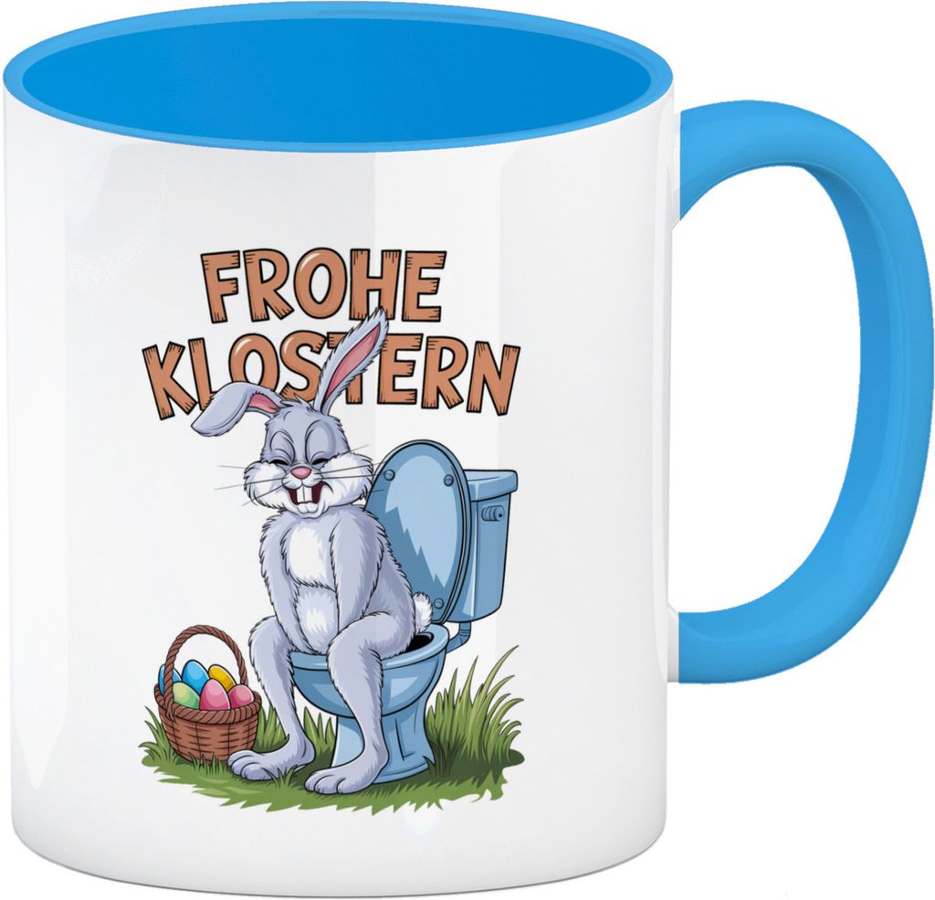 Frohe KLOstern Osterhase Kaffeebecher in hellblau für Humorliebhaber