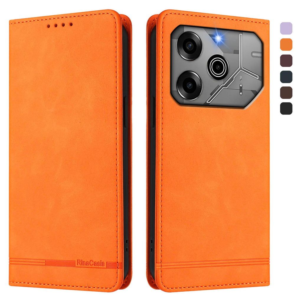 Hülle für Tecno Pova 6 Pro 5G, Retro Kunstleder Ständer Klapphülle mit Kartenfächer und Magnetische Orange