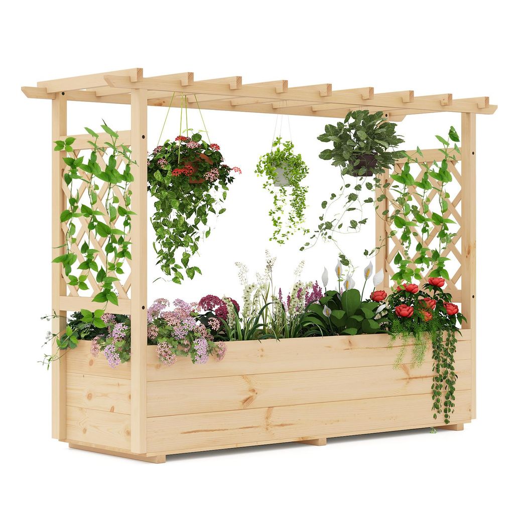 A wooden planter box with a trellis and hanging plants, set against a white background.