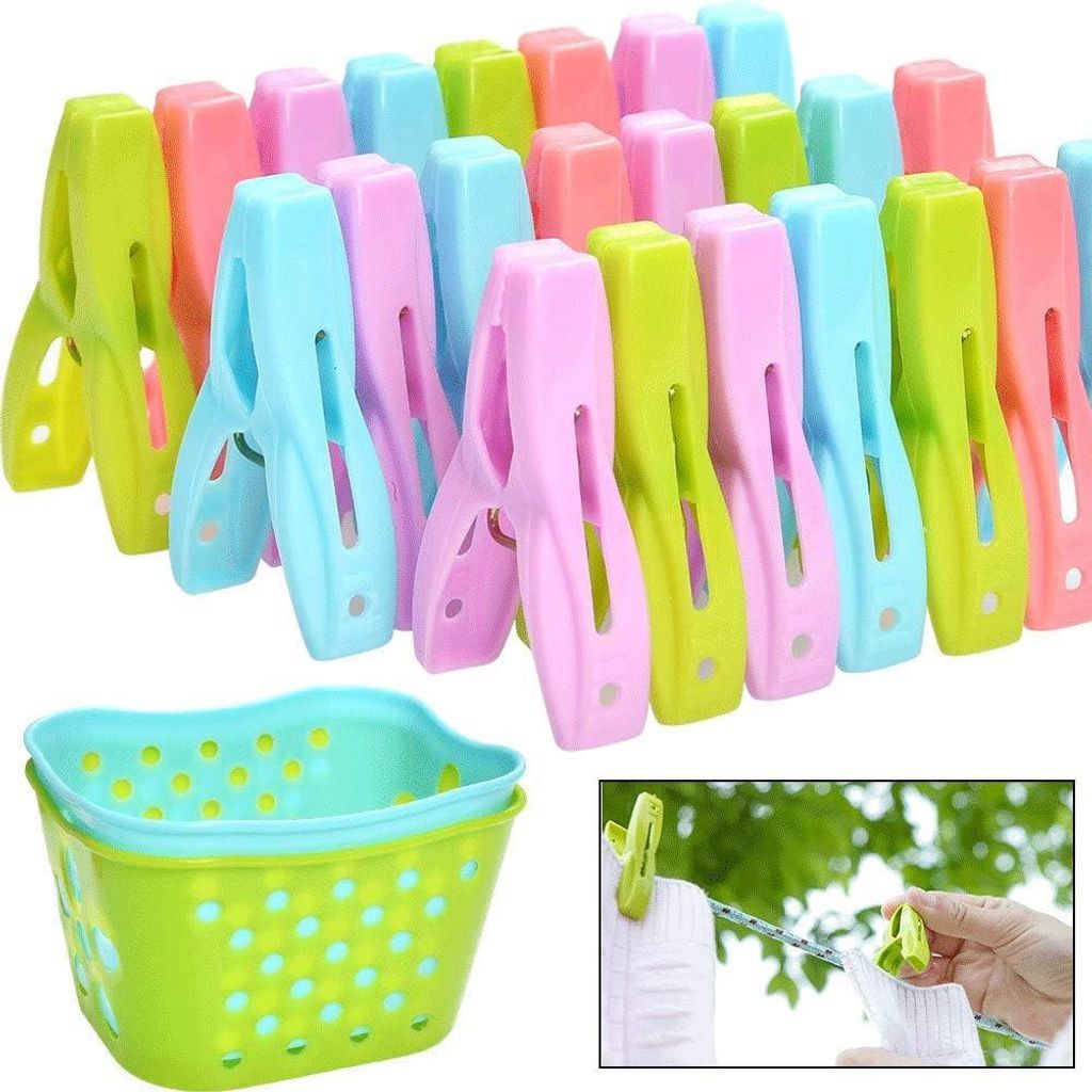 72 Trockner + 2 Körbe - 30 Clips + blauer Korb, 30 Clips + grüner Korb, 20 Clips (ohne Korb)