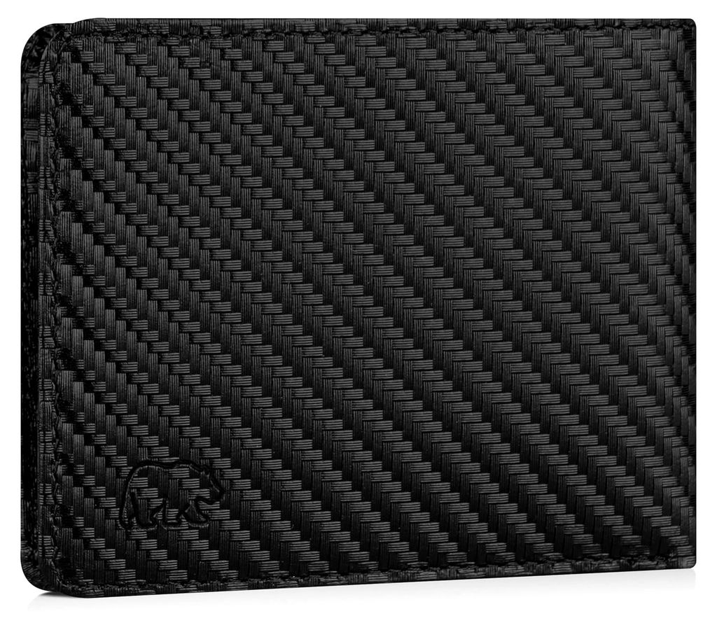 Mini-Geldbörse für Herren mit Münzfach | Schwarzes Leder Carbon | RFID-Schutz | Kleines Echtleder-Portemonnaie | Minimalistischer Geldbeutel