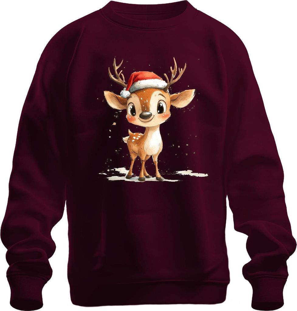 Weihnachtsrentier Aquarell Süß Santa Hut Geschenk Kinder Niedlich Uni Sweatshirt Pullover, Burgundy, S