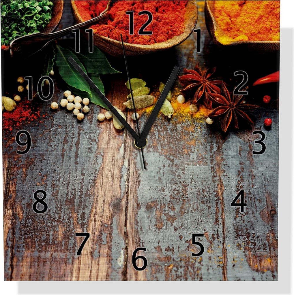 Wallario Design Wanduhr Gewürze auf Holz - uriger Holztisch in der Küche aus Aluverbund, Größe 30 x 30 cm