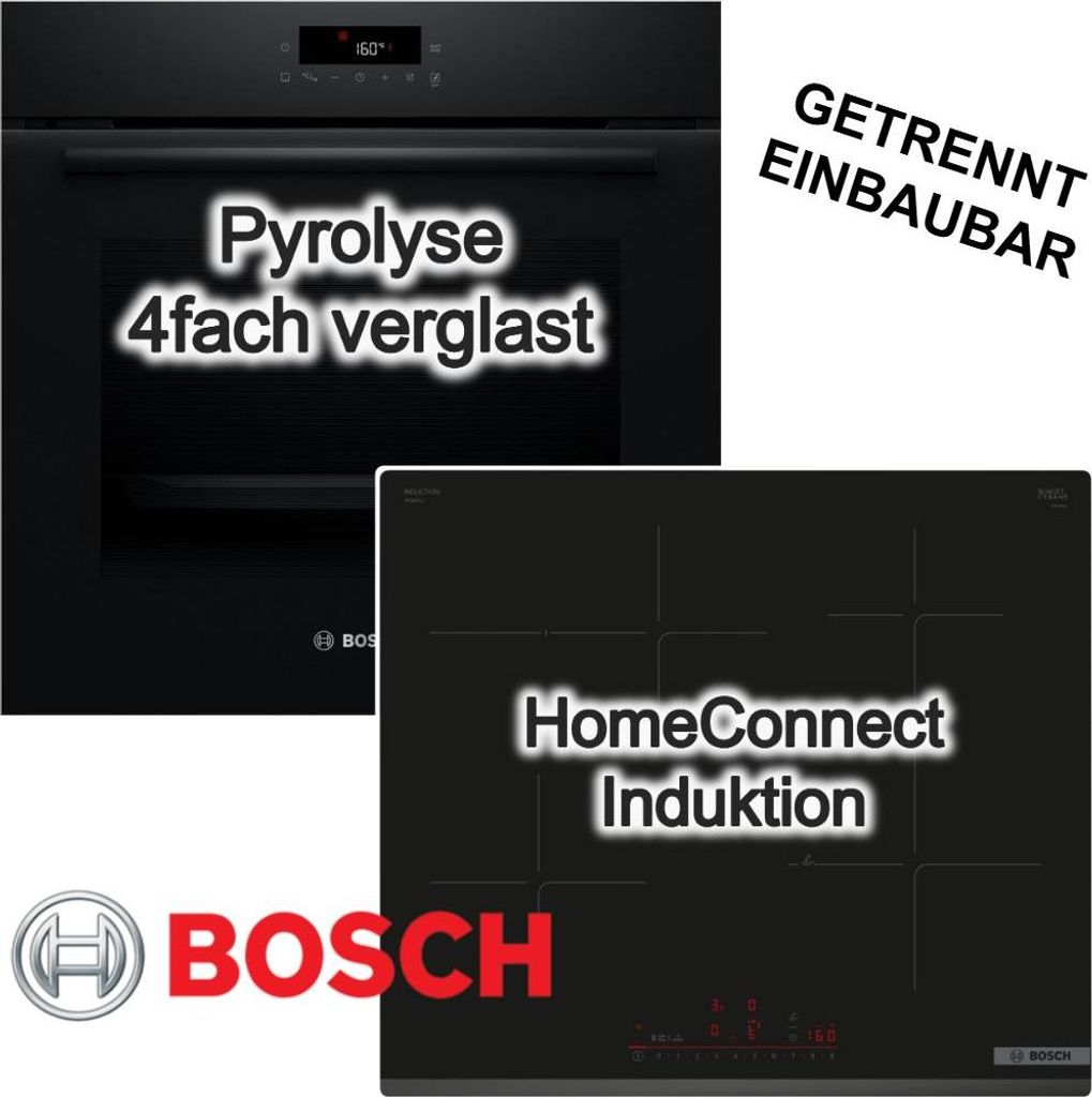 BOSCH Herdset 3D-Heißluft Pyrolyse LED-TouchControl + Induktionskochfeld 60 cm PowerBoost Restwärmeanzeige schwarz autark