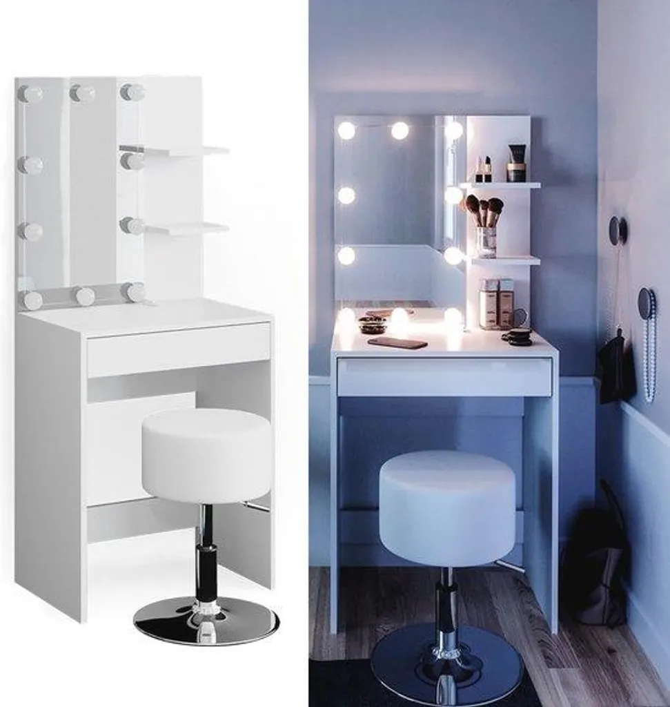 Coiffeuse blanche avec éclairage LED 60 cm - Miroir et tiroir de rangement