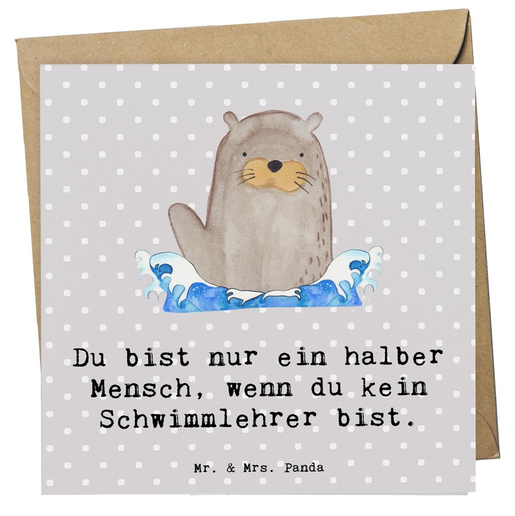 Mr. & Mrs. Panda Klappkarte Schwimmlehrer Herz - Grau Pastell - Geschenk, Spruch, faltkarte, doppelkarte, anlasskarte, Schwimmverein, Schwimmbad, G...
