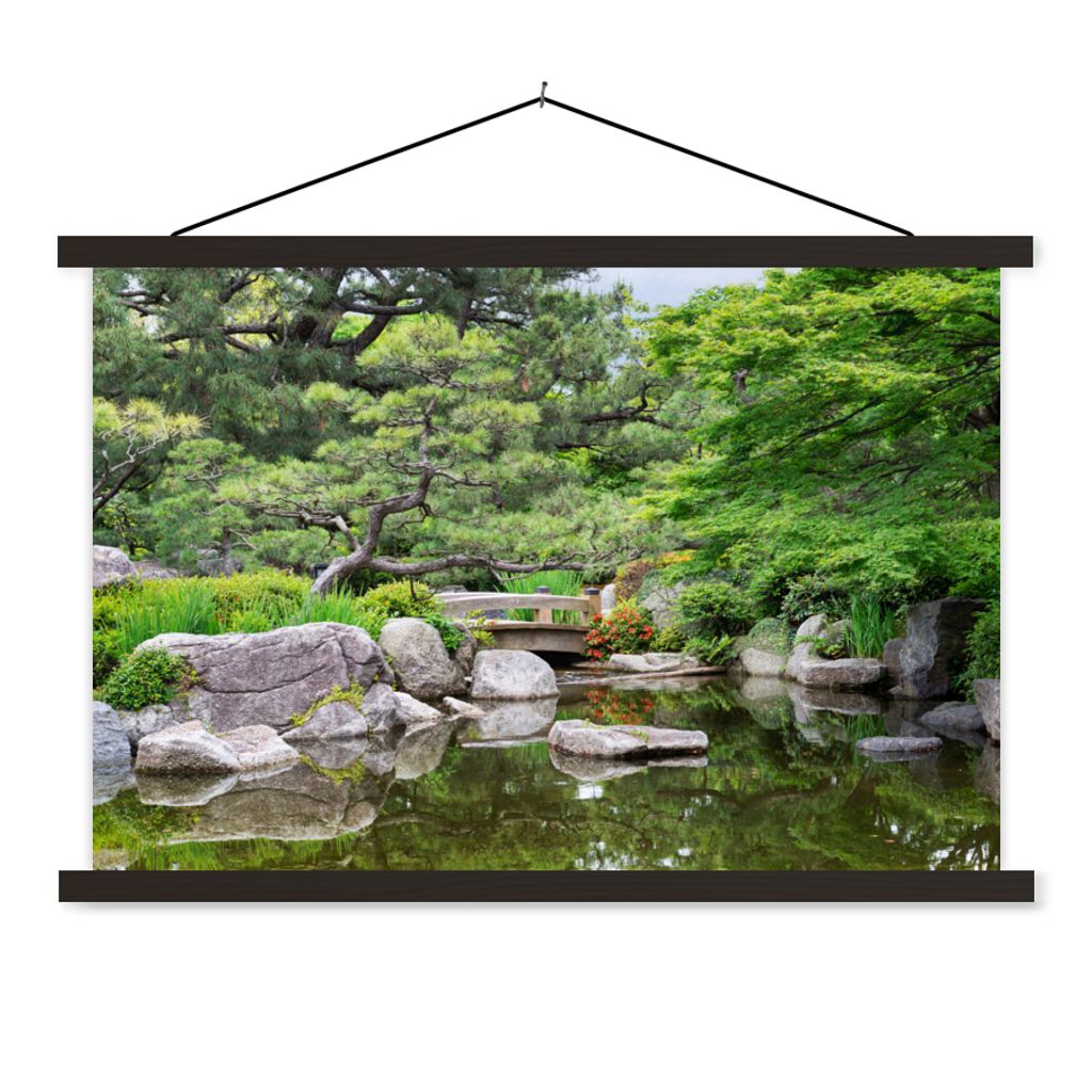 MuchoWow Textilposter Japanisch - Natur - Wasser - Steine - Bäume 150x100 cm mit schwarzem Rahmen - Schlafzimmer