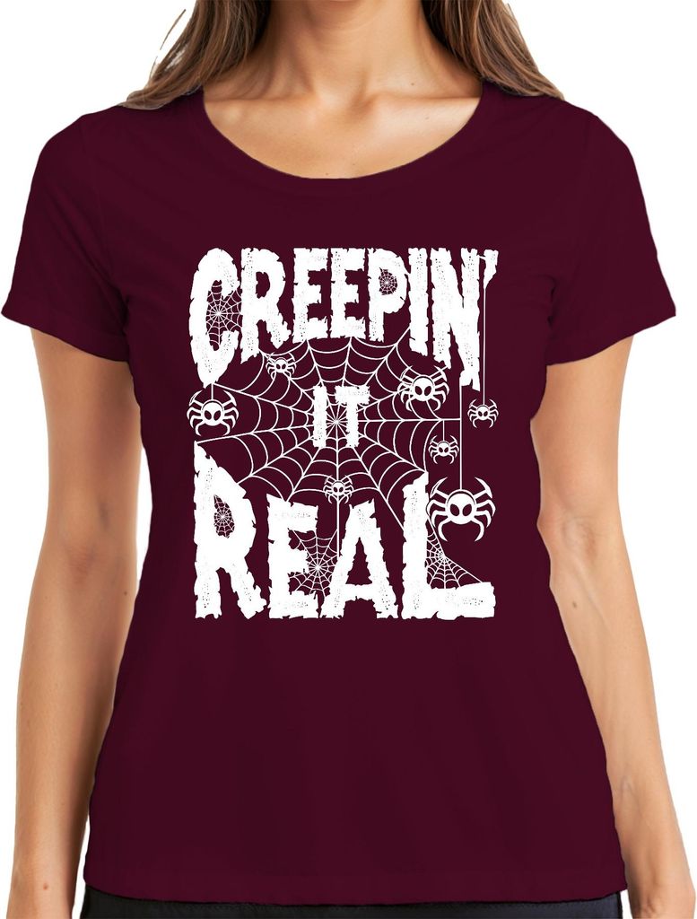 Creepin It Real Halloween Spinnen Spinnennetz Gruselig Lustig Damen T-Shirt, Burgundy, 3XL