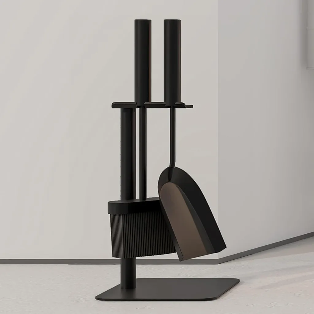 Petit set de cheminée en acier avec support stable et balayette dense