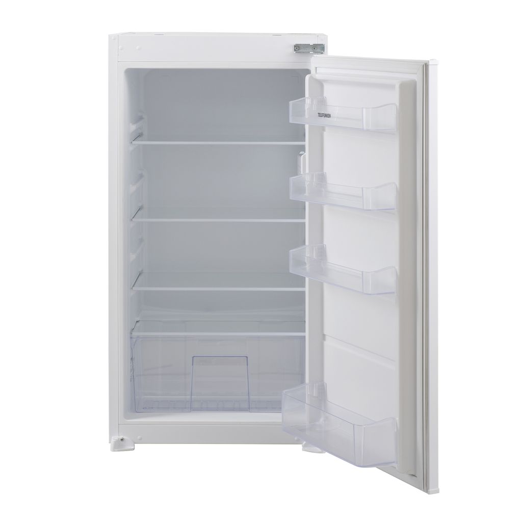 An open, empty, white refrigerator with shelves and door compartments.