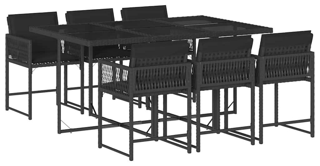 vidaXL 7-tlg. Garten-Essgruppe mit Kissen Schwarz Poly Rattan