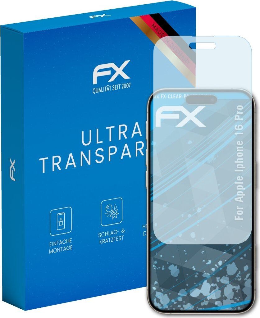 atFoliX FX-Clear 3x Schutzfolie kompatibel mit Apple iPhone 16 Pro Displayschutzfolie