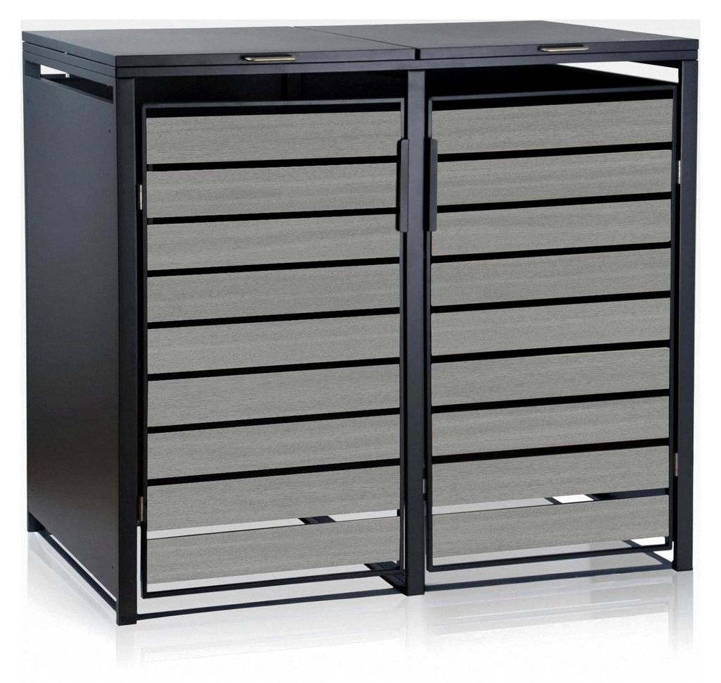 Mülltonnenbox für 2 Mülltonnen | (B) 132 x (T) 80 x (H) 117 cm | Anthrazit RAL7016 | Tür in hellgrauer Holzoptik mit Erweiterungsmöglichkeit |...