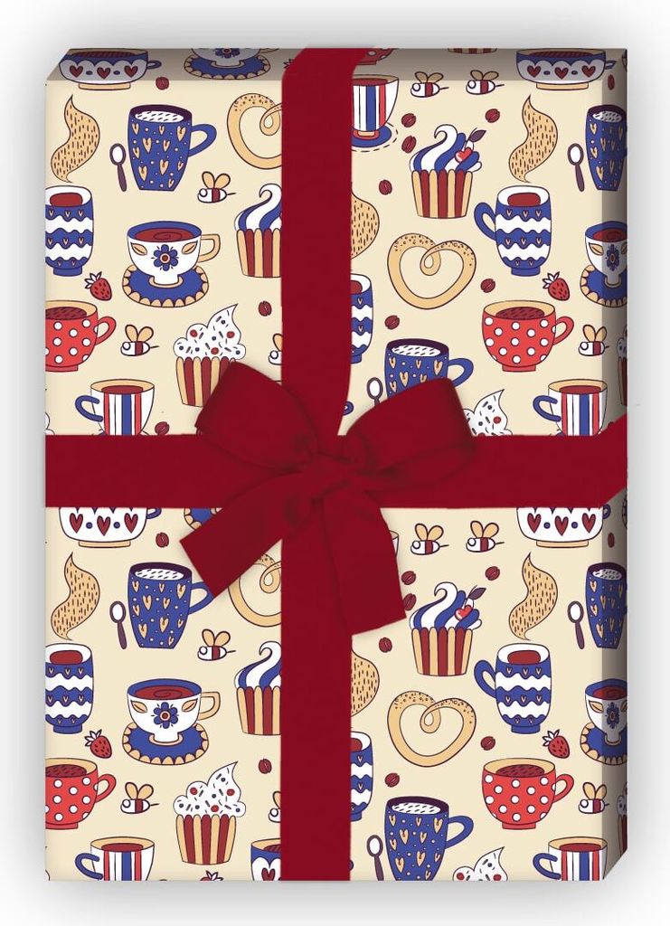 Kaffeepausen Geschenkpapier mit Tassen und Brezeln, rot blau - G7606, 32 x 48cm