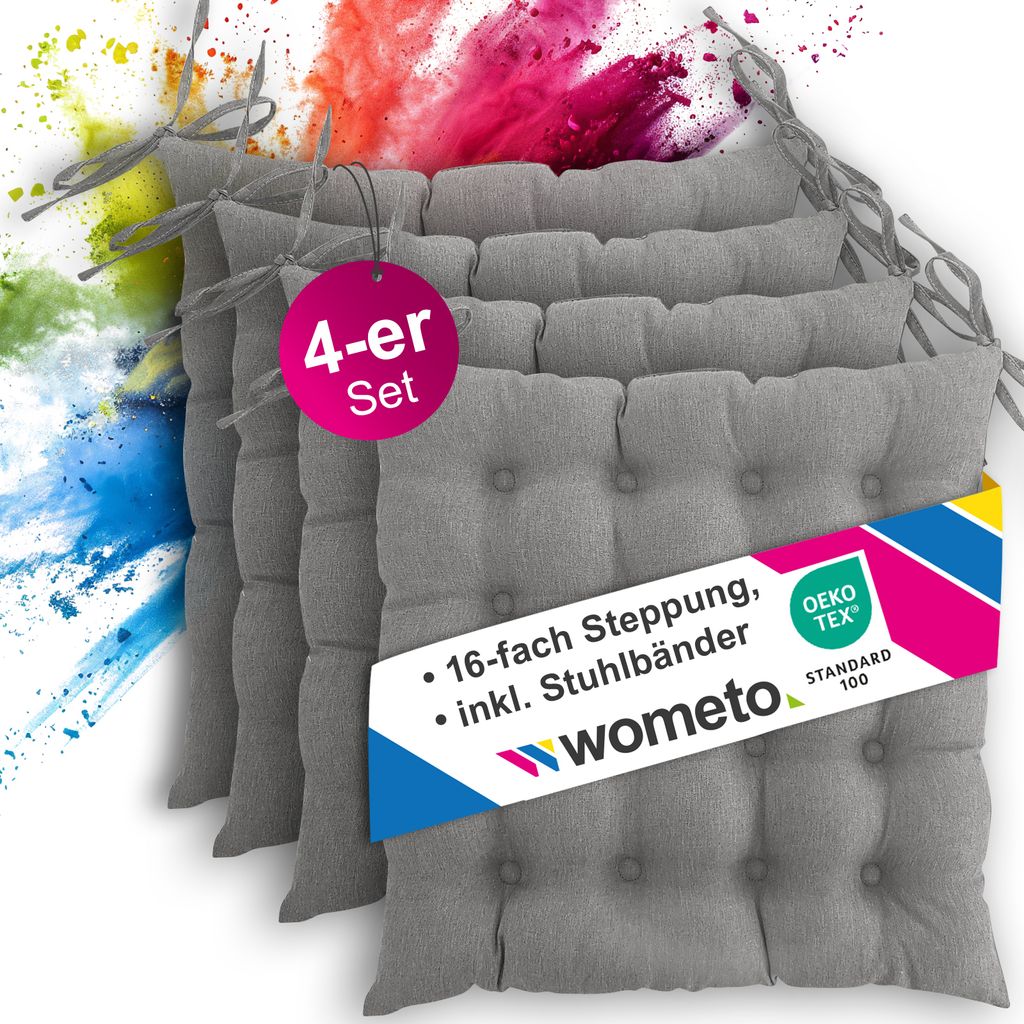 4er Set Sitzkissen Stuhlkissen 40x40 OEKO-TEX - grau mittelgrau Sitzauflage Bank Polster Sitzpolster mit Bändern / Schleife, Indoor / Outdoor