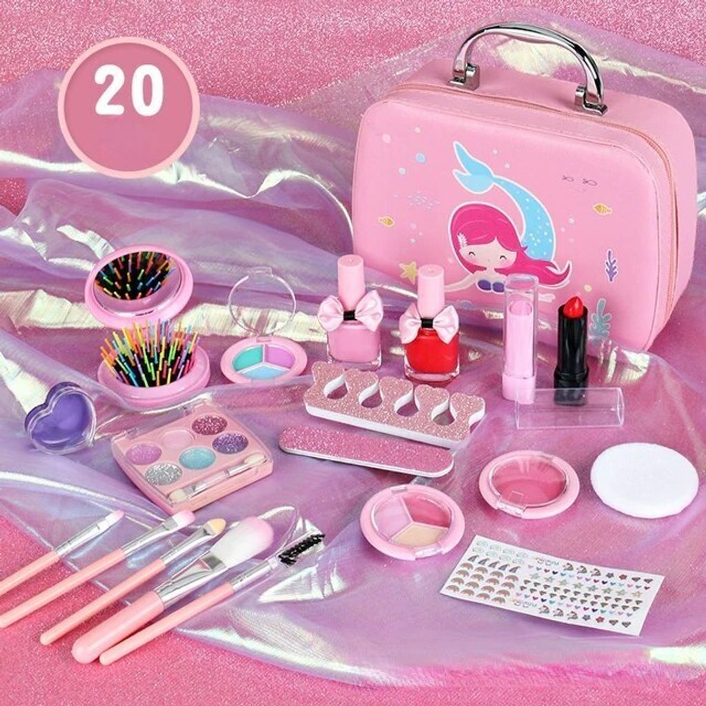 Meerjungfrau Kinder Kosmetik Make-up Simulation Spielzeug, Prinzessin Mädchen Kosmetiktasche Set Lippenstift Lidschatten