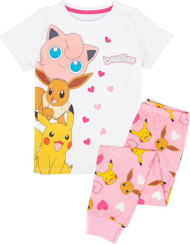 Pokemon - "Besties" Schlafanzug Langes Bein für Mädchen NS7345 (128) (Weiß/Pink)